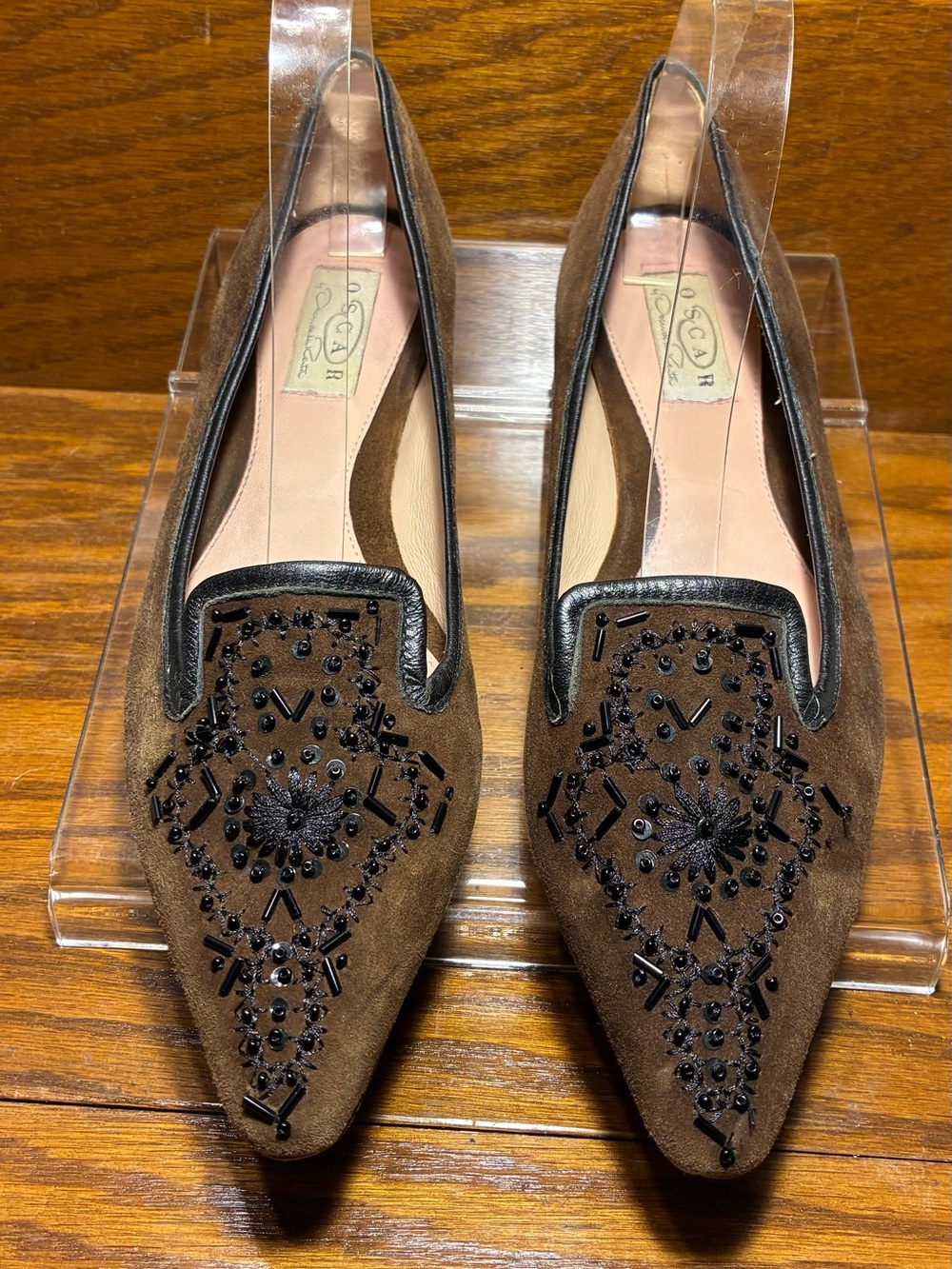 Y2K VTG Oscar de la Renta Oscar Beaded Suede Smoking Loafers Brown Black Size 9